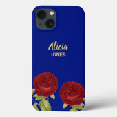 Rote Blume und Blätter blau Case-Mate iPhone Hülle (Rückseite)