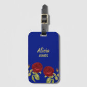 Rote Blume und Blätter blau Gepäckanhänger (Vorderseite Vertikal)