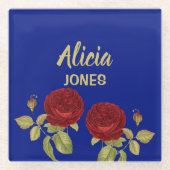 Rote Blume und Blätter blau Glasuntersetzer (Vorderseite)