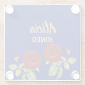 Rote Blume und Blätter blau Glasuntersetzer (Rückseite)