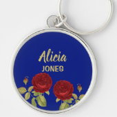 Rote Blume und Blätter blau Schlüsselanhänger (Vorne)