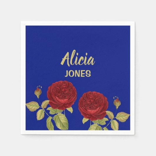 Rote Blume und Blätter blau Serviette (Vorderseite)