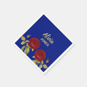 Rote Blume und Blätter blau Serviette (Ecke)