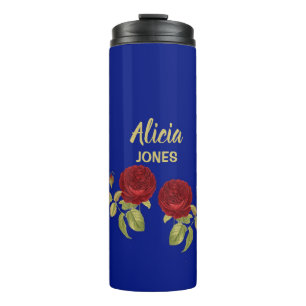Rote Blume und Blätter blau Thermosbecher