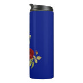 Rote Blume und Blätter blau Thermosbecher (Nach rechts gedreht)
