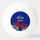 Rote Blume und Blätter blau Tischtennisball (Vorderseite)