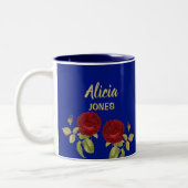 Rote Blume und Blätter blau Zweifarbige Tasse (Links)