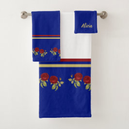 Rote Blume und blaue Blätter Badhandtuch Set