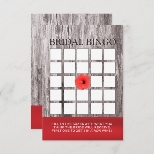 Rote Blume und Driftwood Brautparty Bingo Cards (Vorne/Hinten)