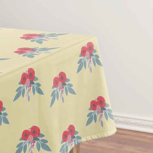 Rote Blume und grüne Blätter auf braun Tischdecke (Beispiel)