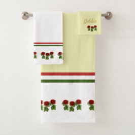Rote Blume und grüne Blätter individuelle Name Badhandtuch Set