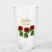 Rote Blume und grüne Blätter individuelle Name Glas (Vorderseite)