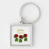 Rote Blume und grüne Blätter individuelle Name Schlüsselanhänger (Vorne)