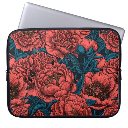 Rote Blume und Motten Laptopschutzhülle (Vorderseite)