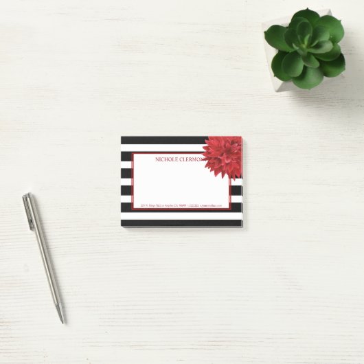 Rote Blume und schwarz-weiße Streifen Post-it Klebezettel (Büro)