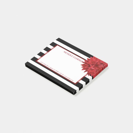 Rote Blume und schwarz-weiße Streifen Post-it Klebezettel (angewinkelt)