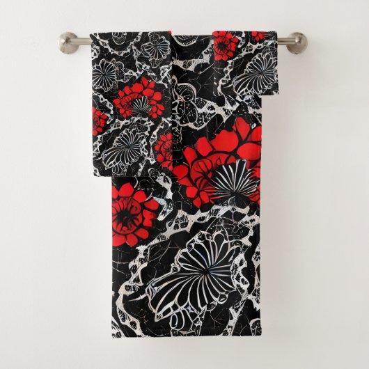 Rote Blume und schwarze Spitzen Nahtloses Muster Badhandtuch Set (Insitu)