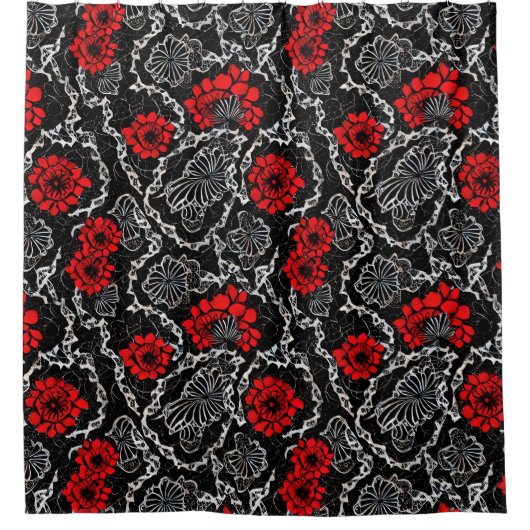 Rote Blume und schwarze Spitzen Nahtloses Muster Duschvorhang (Vorderseite)