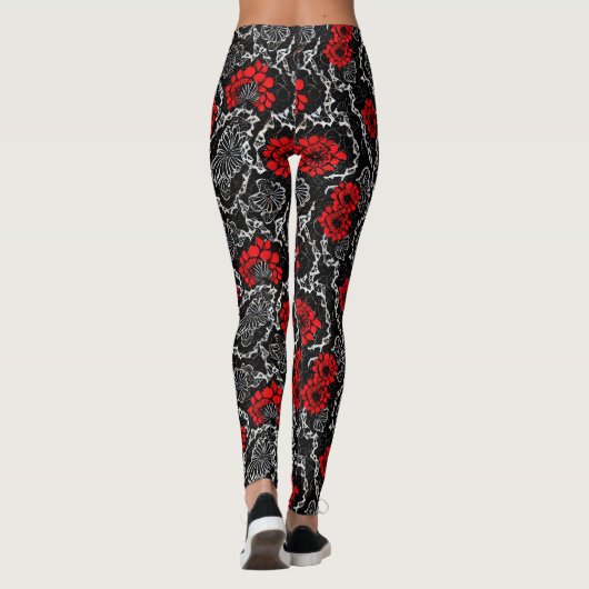 Rote Blume und schwarze Spitzen Nahtloses Muster Leggings (Rückseite)