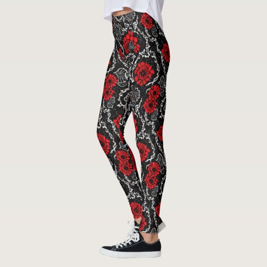 Rote Blume und schwarze Spitzen Nahtloses Muster Leggings (Links)