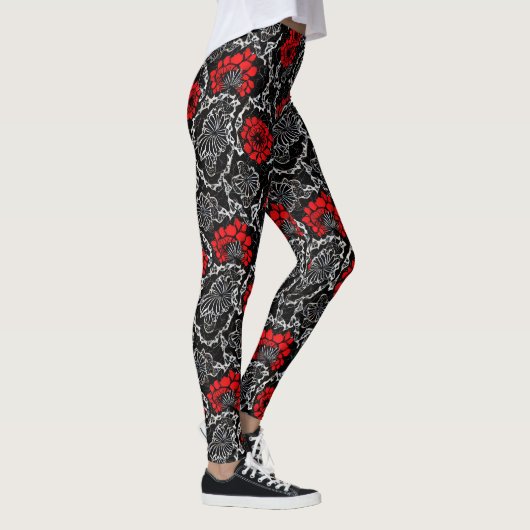 Rote Blume und schwarze Spitzen Nahtloses Muster Leggings (Rechts)