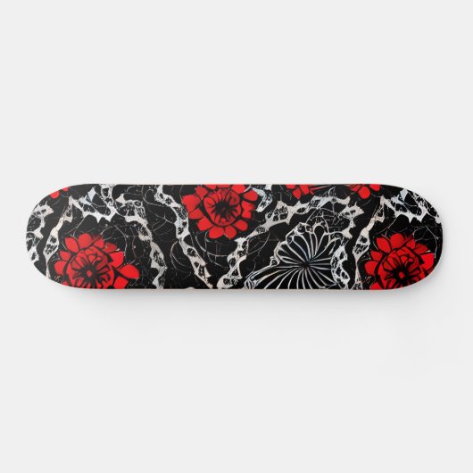 Rote Blume und schwarze Spitzen Nahtloses Muster Skateboard (Horizontal)