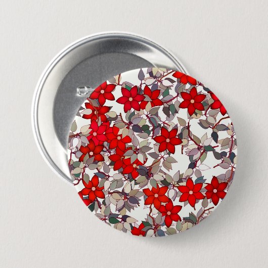 Rote Blume und silbergraue Blätter Button (Vorne & Hinten)