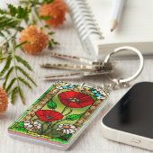 Rote Blume Vivid Gestaltete Glaskunst Schlüsselanhänger (Vorderseite rechts)