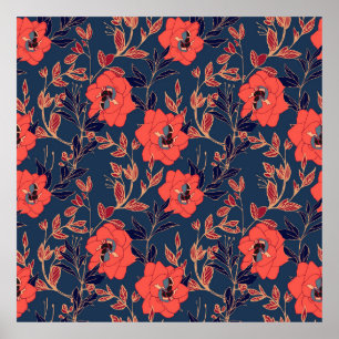 Rote Blume von Rose und Pfennig mit Blätter und p Poster