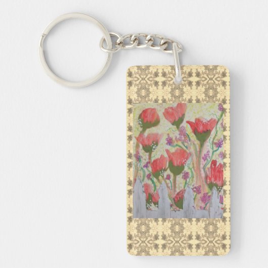 Rote Blume Weißzaun 2 Schlüsselanhänger (Vorderseite)