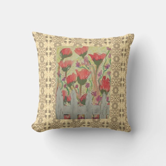 Rote Blume Weißzaun Kissen (Vorderseite)
