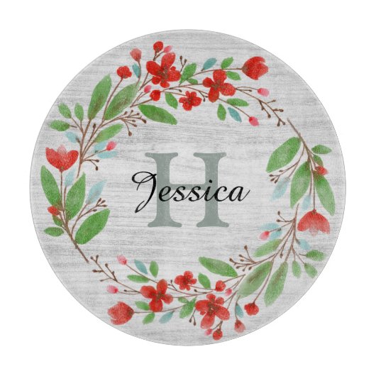 Rote Blume Wreath Rustikale Personalisiert Schneidebrett (Vorderseite)