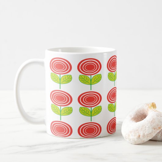 Rote Blumen-Blumen Geometrisch Kaffeetasse (Mit Donut)