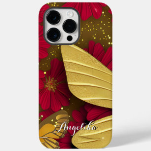Rote Blumen Gold Glitzert Personalisierter Name Case-Mate iPhone 14 Pro Max Hülle