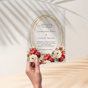 Rote Blumen goldener Rahmen klare Hochzeit Acryleinladungen