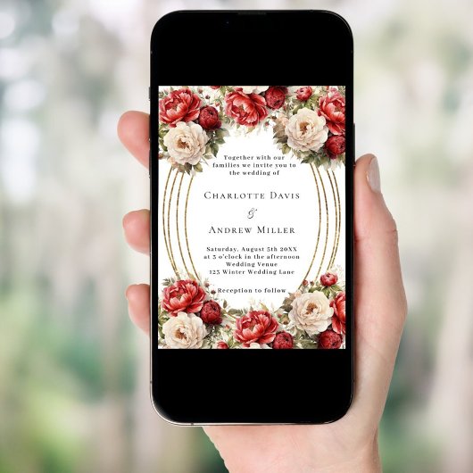 Rote Blumen Goldrahmen Hochzeit Einladung