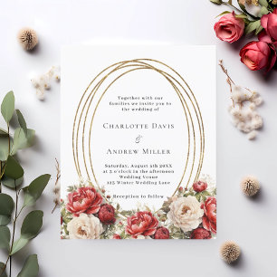 Rote Blumen Goldrahmen Hochzeitseinladung