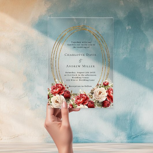 Rote Blumen Goldrahmen klare Hochzeit Acryleinladungen