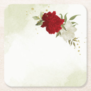 rote Blumen grüne Blätter Hochzeit Rechteckiger Pappuntersetzer