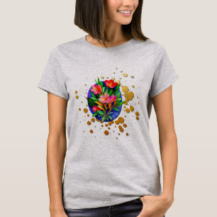 Rote Blumen, grüne Blätter und goldener Hintergrun T-Shirt