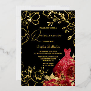 Rote Blumen & Kleid Schwarze Quinceanera Goldene B Folieneinladung
