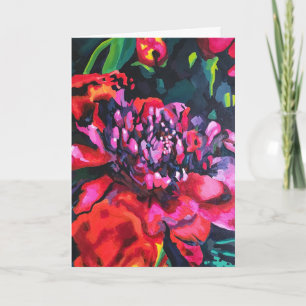 Rote-Blumen-Leere-Original-Kunst-Gefaltete-Grußkar Karte