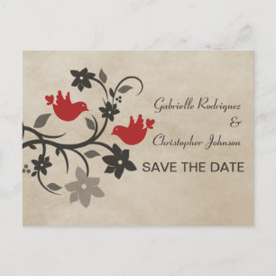 Rote Blumen-Liebesvögel Save-the-Date-Postkarte Ankündigungspostkarte