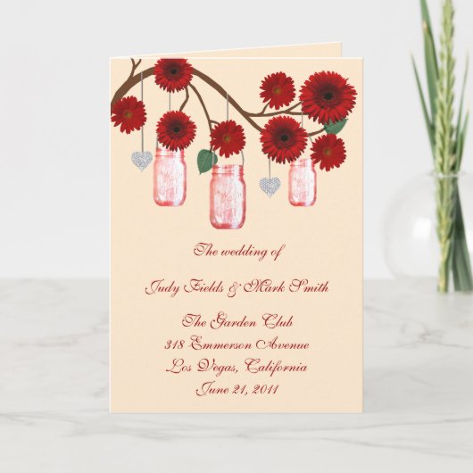 Rote Blumen Mason Jars Programmkarte Programm (Vorderseite)