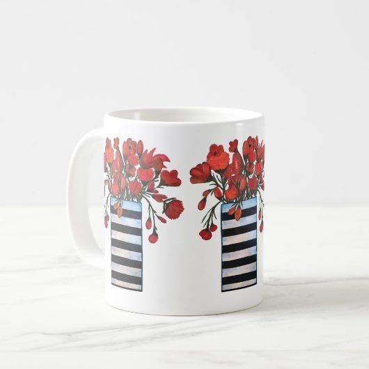 Rote Blumen mit gestreifter Vasen-feiner Kunst Kaffeetasse (Vorderseite Links)