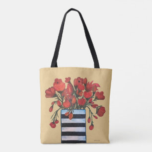 Rote Blumen mit gestreifter Vasen-feiner Kunst Tasche