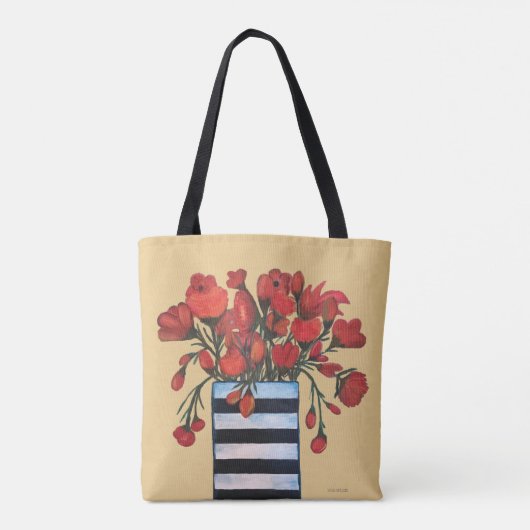 Rote Blumen mit gestreifter Vasen-feiner Kunst Tasche (Rückseite)