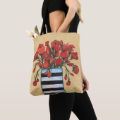 Rote Blumen mit gestreifter Vasen-feiner Kunst Tasche (Von Nahem)