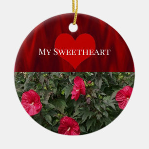 Rote Blumen mit Herz-Ornament Keramik Ornament