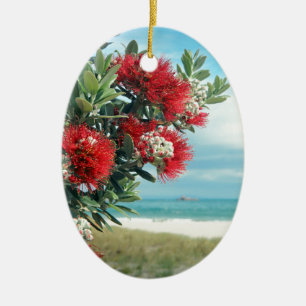 Rote Blumen Paradiesstrand Neuseeland Sommer Keramik Ornament
